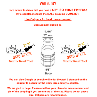 5/8" ISO 16028 Flat Face Skid Steer FEMALE Hydraulic Quick Coupler Pressure Decompression Relief Release Tool