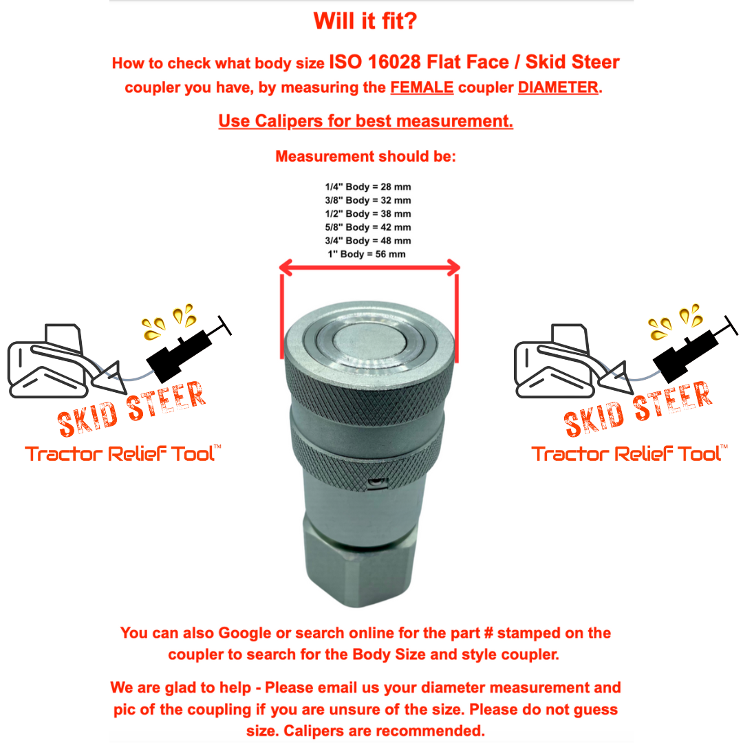 3/8" ISO 16028 Flat Face Skid Steer FEMALE Hydraulic Quick Coupler Pressure Decompression Relief Release Tool