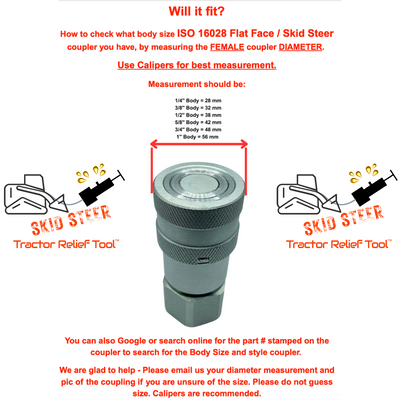 1/2" ISO 16028 Flat Face Skid Steer FEMALE Hydraulic Quick Coupler Pressure Decompression Relief Release Tool